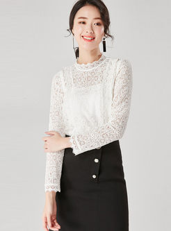 Standing Collar Lace Openwork Blouse