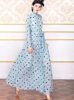 Standing Collar Print Chiffon Maxi Dress