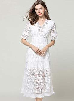 White V-neck Lace Tassel Dress