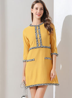 Yellow O-neck Tassel Patchwork Dress