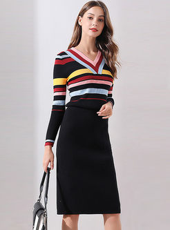 V-neck Striped Slim Sweater & Bodycon Skirt