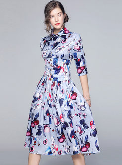 Lapel 3/4 Sleeve Print Midi Dress 