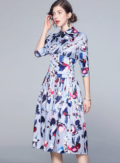 Lapel 3/4 Sleeve Print Midi Dress 