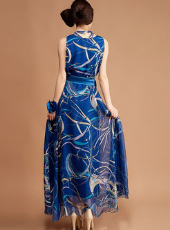 Sleeveless Print Chiffon Wrap Dress