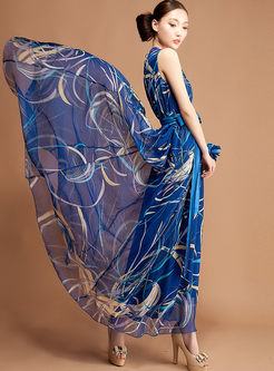 Sleeveless Print Chiffon Wrap Dress