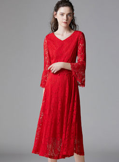 Red 3/4 Flare Sleeve Big Hem Dress