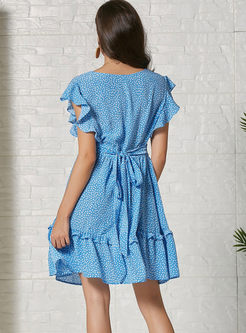 Blue V-neck Dot Ruffed Sleeve Dress