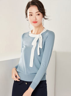 O-neck Bowknot Tie Pullover Sweater