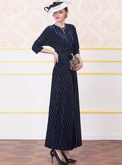 O-neck 3/4 Sleeve Striped Maxi Dress