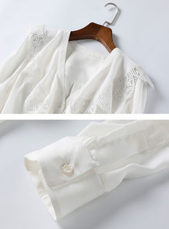 Lace Patchwork Long Sleeve Silk Blouse