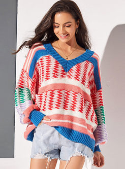 V-neck Striped Pullover Loose Sweater