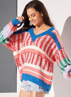 V-neck Striped Pullover Loose Sweater