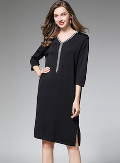 V-neck Pullover Slit Dress With Tassel