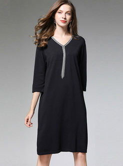 V-neck Pullover Slit Dress With Tassel