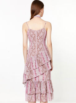 V-neck Print Bowknot Waist Sun Dress