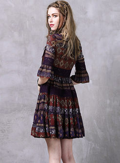 O-neck Half Sleeve Print Chiffon Dress