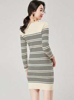 Brief Striped Long Sleeve Knit Dress