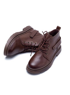 Solid Color Flat Short Boots With Shoelace 