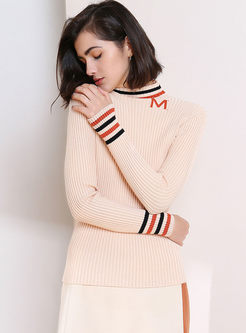 Standing Collar Slim Striped Sweater