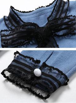O-neck Bowknot Lace Patchwork Knit Dress