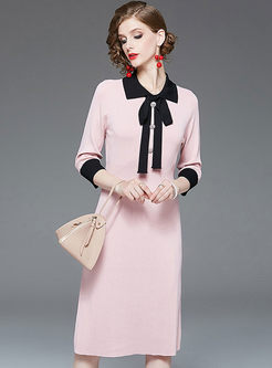 Sweet Pink Bowknot Slim Sweater Dress