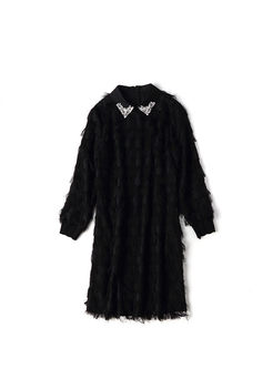 Black Lapel Long Sleeve Tassel Dress