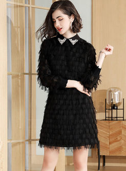 Black Lapel Long Sleeve Tassel Dress