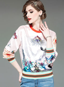 Fashion Print Pullover Velvet Sweatshirt
