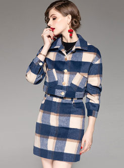 Lapel Color-blocked Plaid Three Piece Outfits