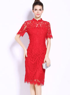 Lace Stand Collar Openwork Bodycon Dress