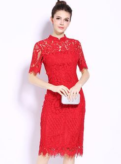 Lace Stand Collar Openwork Bodycon Dress