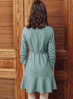 Notched 3/4 Sleeve Waist A Line Dress