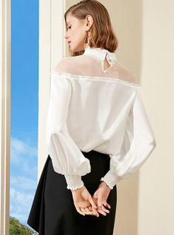 Standing Collar Mesh Patchwork Blouse