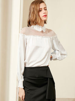 Standing Collar Mesh Patchwork Blouse