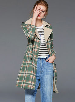 Notched Long Sleeve Plaid Trench Coat