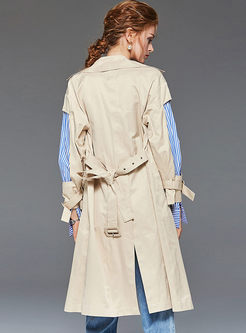 Notched Striped Patchwork Trench Coat