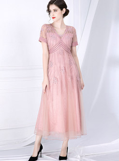 Mesh Embroidered Splicing High Waist Maxi Dress