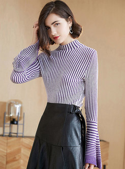 Stylish Striped Flare Sleeve Knitted Sweater