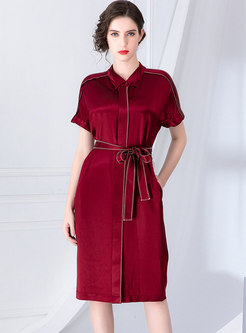 Casual Lapel Single-breasted Tied T-shirt Dress