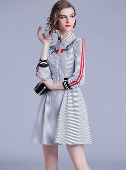 Standing Collar Striped Waist Dress