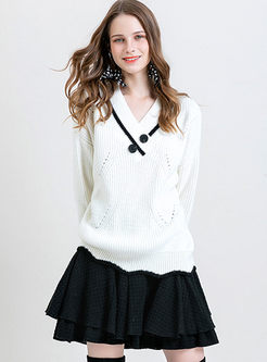 White V-neck Loose Pullover Sweater