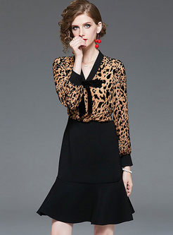 Leopard Bowknot Patchwork Mermaid Dress
