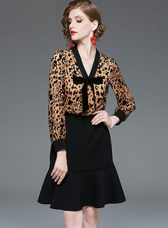 Leopard Bowknot Patchwork Mermaid Dress