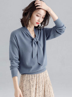 Solid Color V-neck Bowknot Sweater