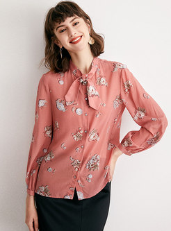 Sweet Pink Print All-matched Silk Blouse