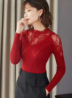 Solid Color Hollow Out Lace Splicing Sweater