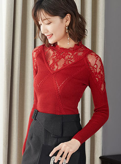 Solid Color Hollow Out Lace Splicing Sweater