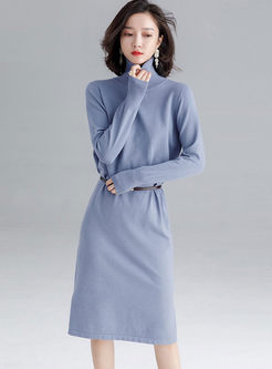 Turtleneck Long Sleeve Slit Knit Dress