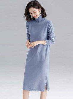 Turtleneck Long Sleeve Slit Knit Dress