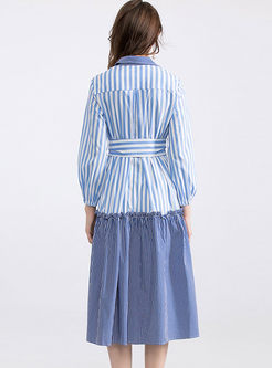 Lapel Striped Patchwork Shirt Dress